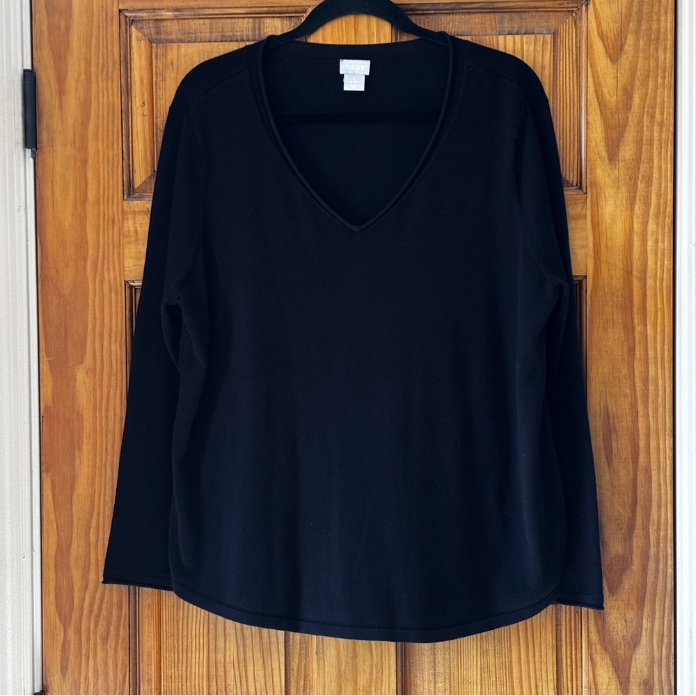 Chico's Black Knit V-Neck Long Sleeve Pullover Shirt Women’s Size L